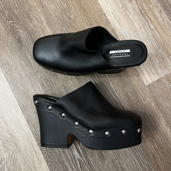 Topshop Rowan black leather heeled stud clogs - SIZE 8 / SIZE 7 - Picture 3 of 4
